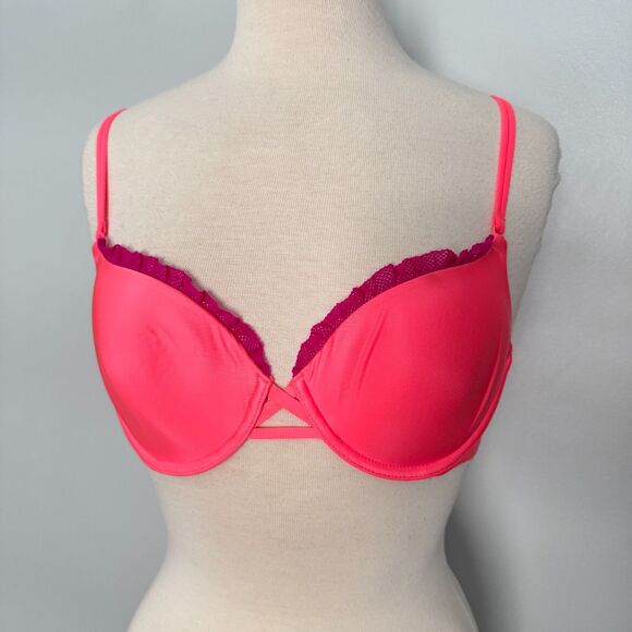 Victoria's Secret slight push-up demi bra in neon pink with purple lace trim - Picture 2 of 10